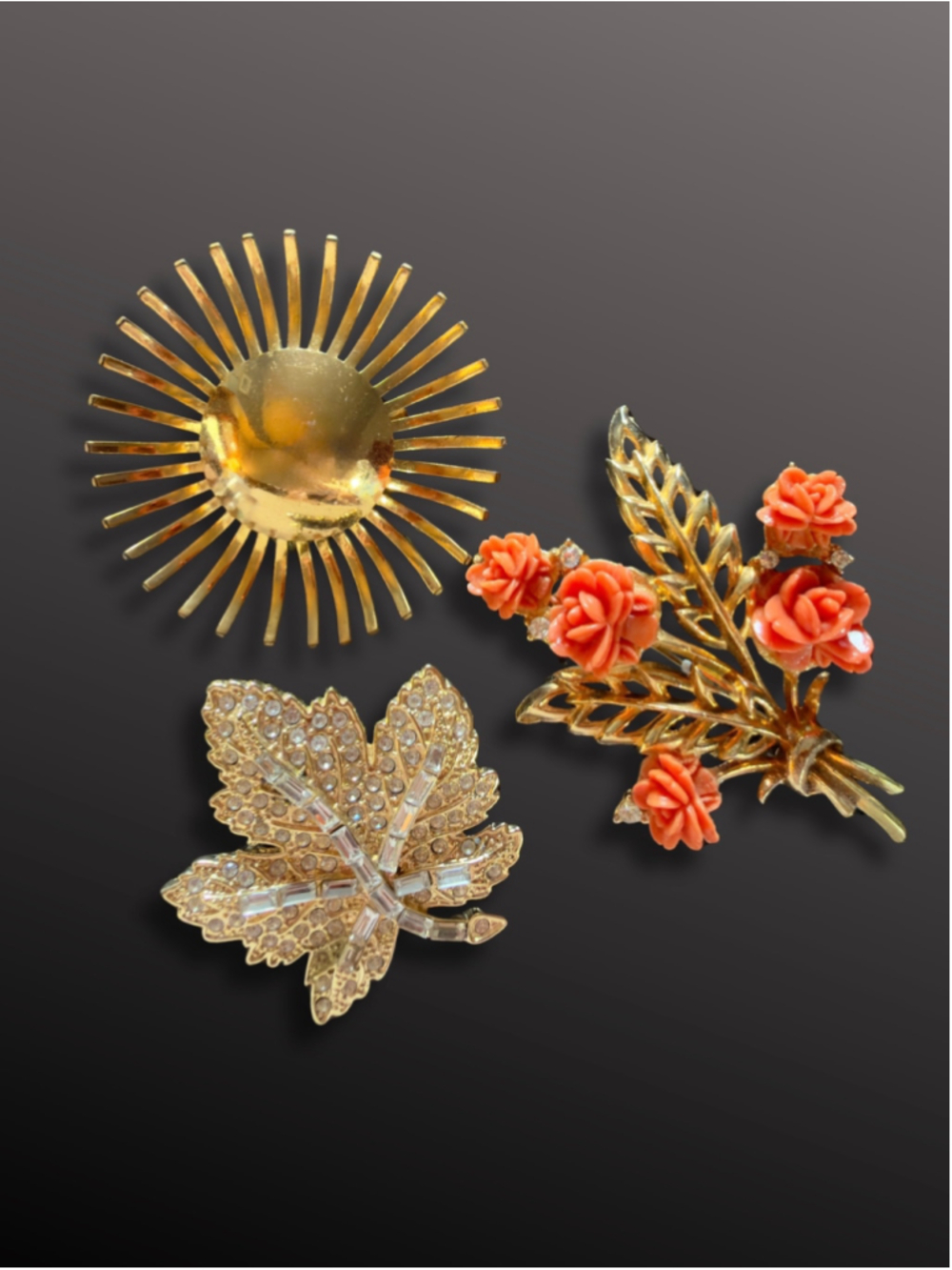 Lot of 3 Vintage Brooches Rose Sunburst Rhinestone Maple Leaf